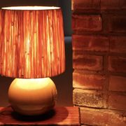 Beige ceramic lamp, raffia lampshade, 1970s
