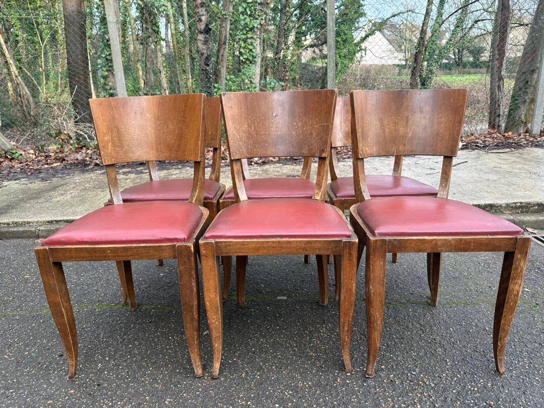 6 Art Deco gondola chairs in solid oak with burgundy leatherette, 1940.