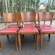 6 Art Deco gondola chairs in solid oak with burgundy leatherette, 1940.