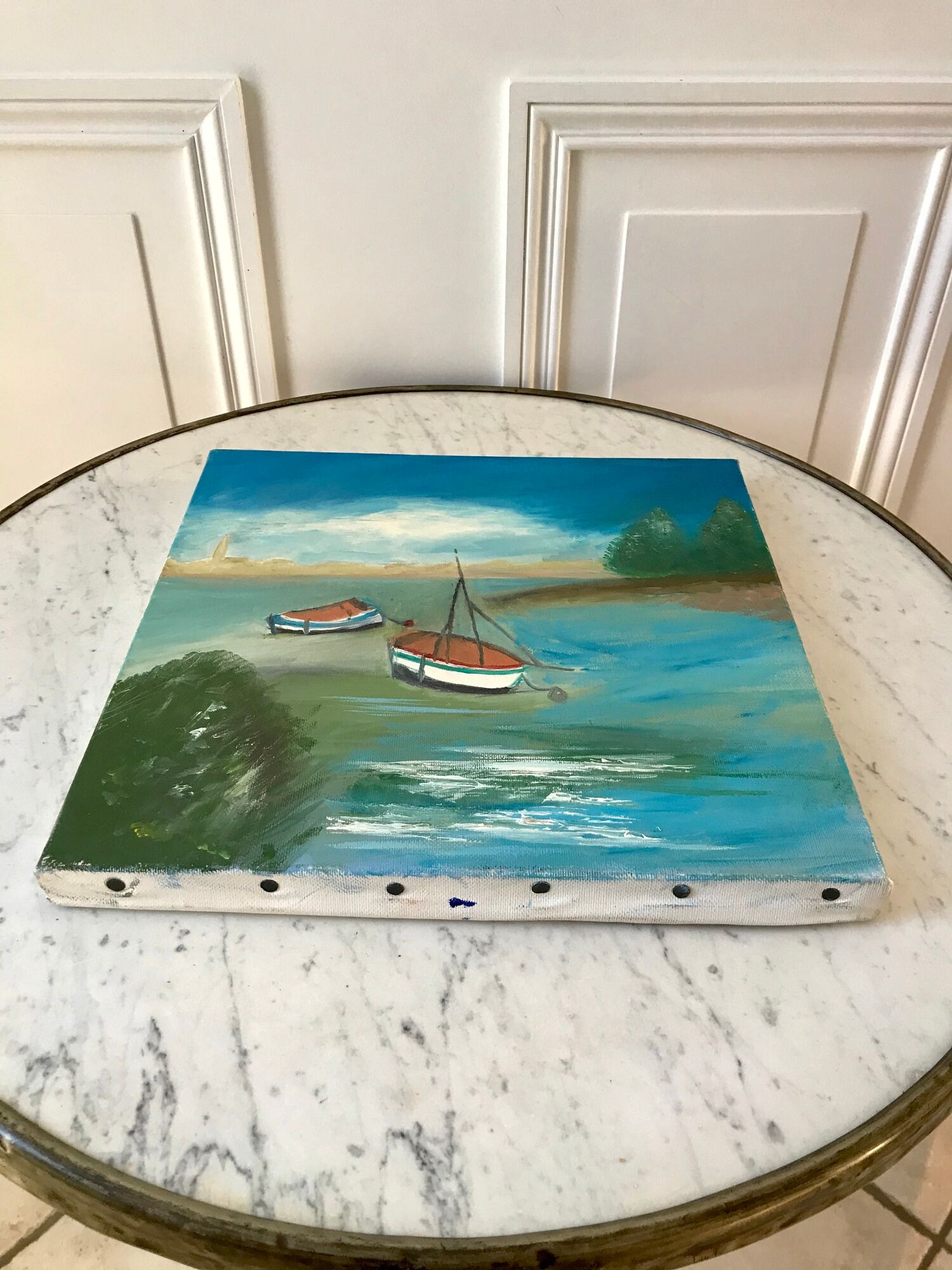 Oil painting on canvas landscape sea and vintage sailboats