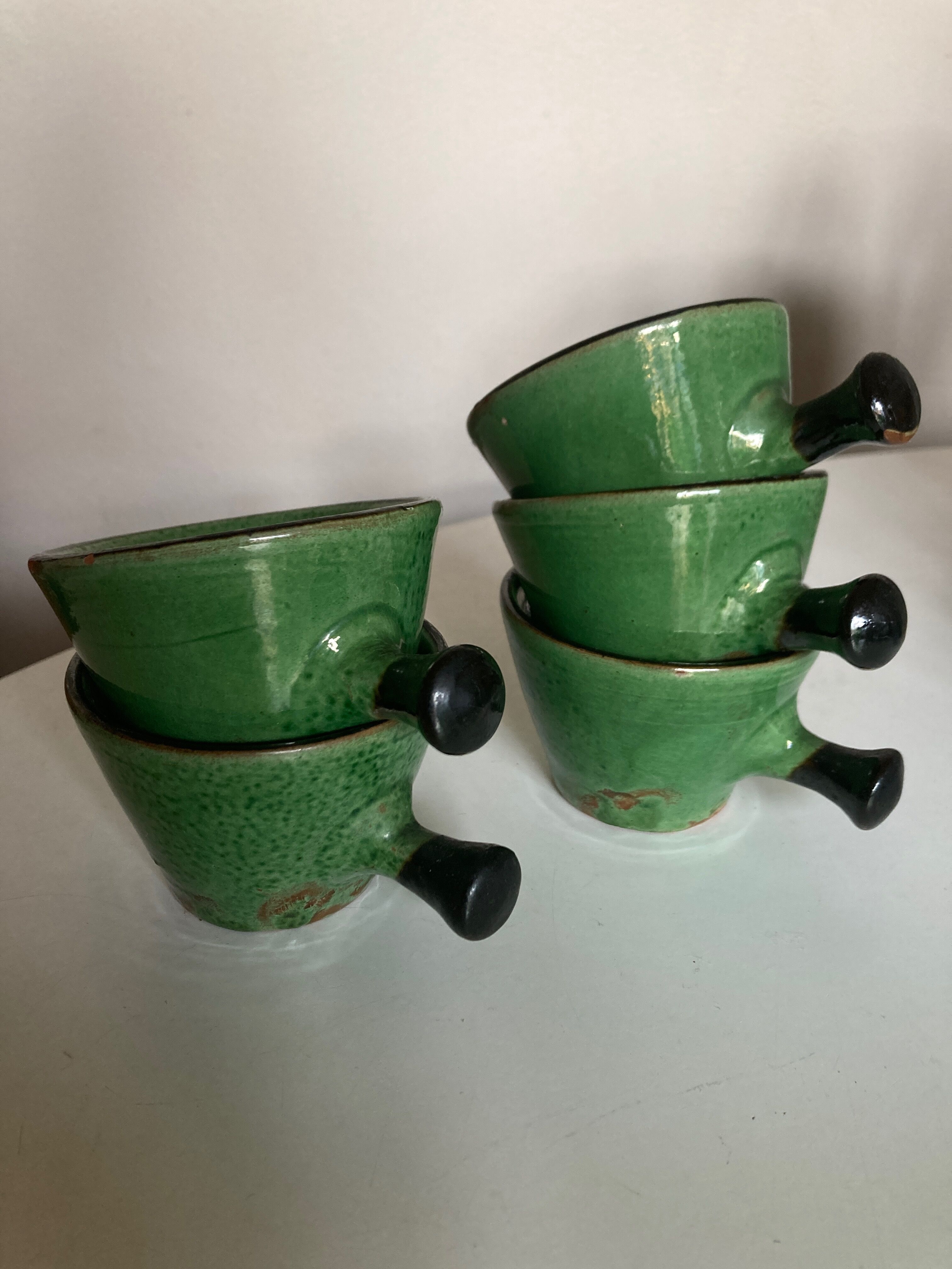 Set of 5 cups in green glazed clay Dieulefit 1960