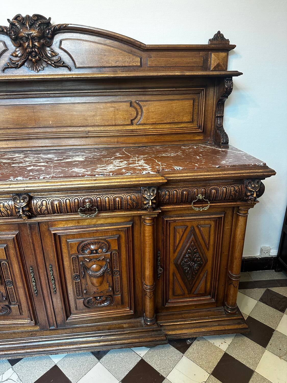 Two-part Renaissance-style buffet - Solid oak & marble, late 19th century