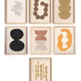 Collection of 12 framed paintings in warm/cool colours.