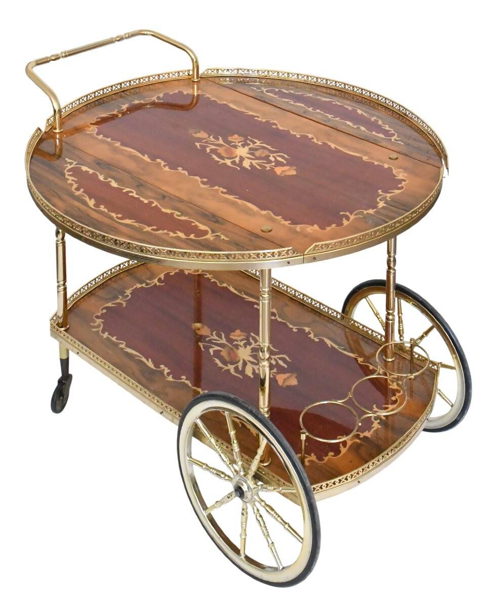 Serving table and rolling bar with drop leaves featuring floral marquetry decoration.