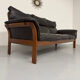 Vintage black leather Dreipunkt Scala design 3-seater sofa in teak.
