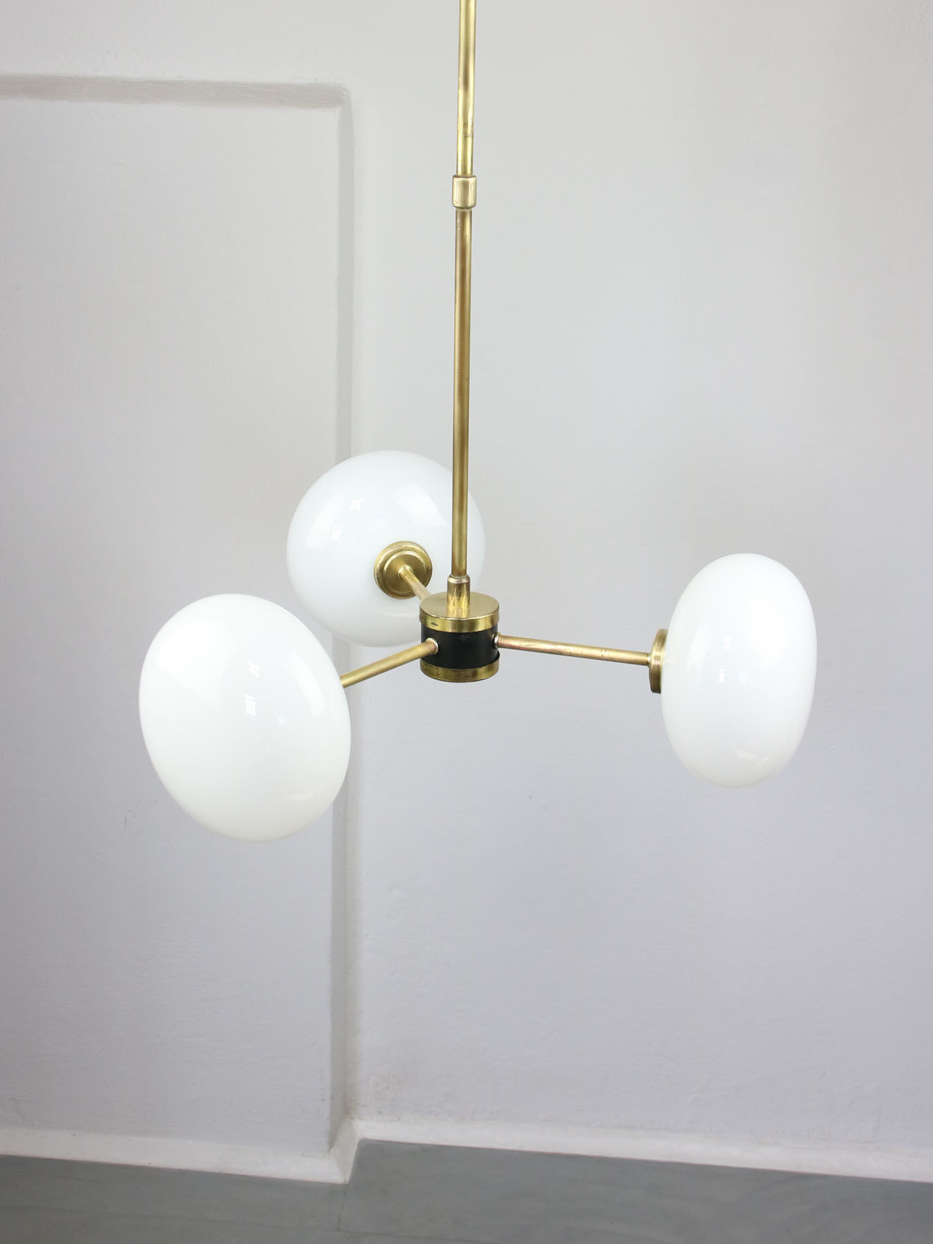 Mid-century brass and opaline glass chandelier