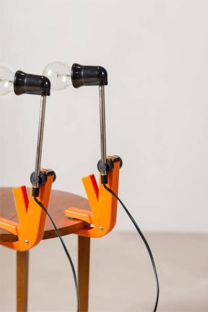 2 orange clamp lamps by revue, 1970