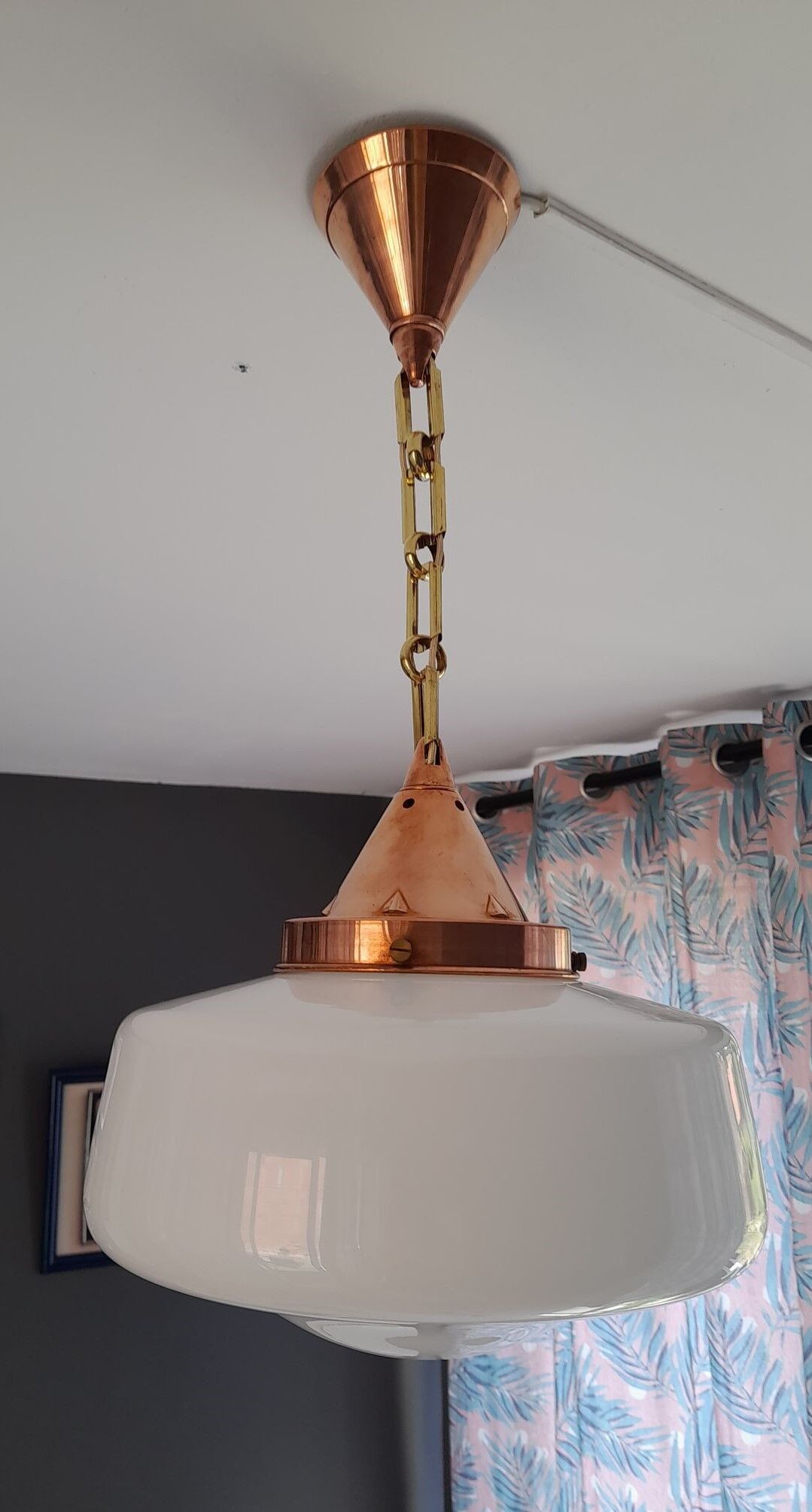 Old copper and opaline chandelier
