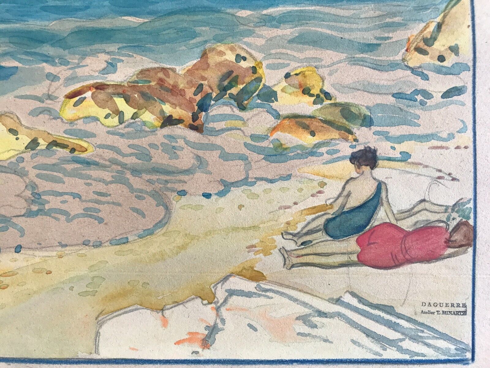 Original watercolor by Tony Minartz, bathers on a rocky beach in the Mediterranean