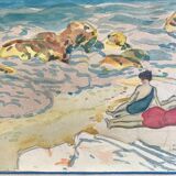 Aquarelle originale de Tony Minartz, baigneuses sur une plage rocheuse de la Méditerranée