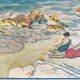 Original watercolor by Tony Minartz, bathers on a rocky beach in the Mediterranean