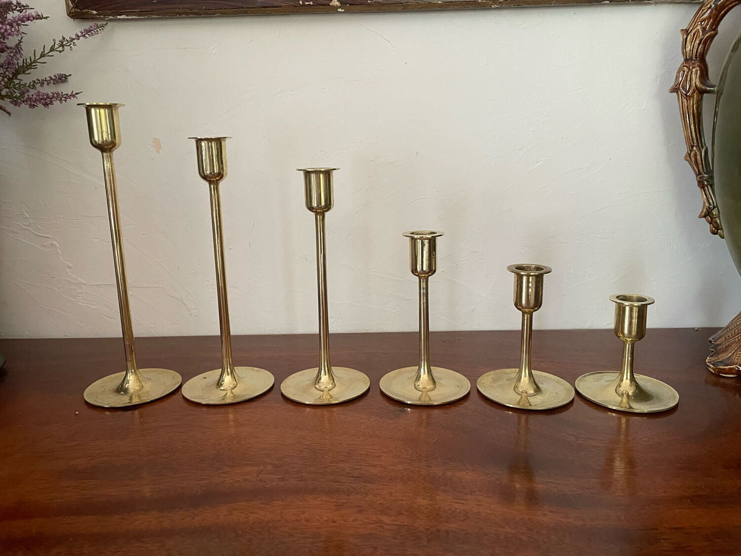 Suite of 6 vintage brass tulip foot candle holders