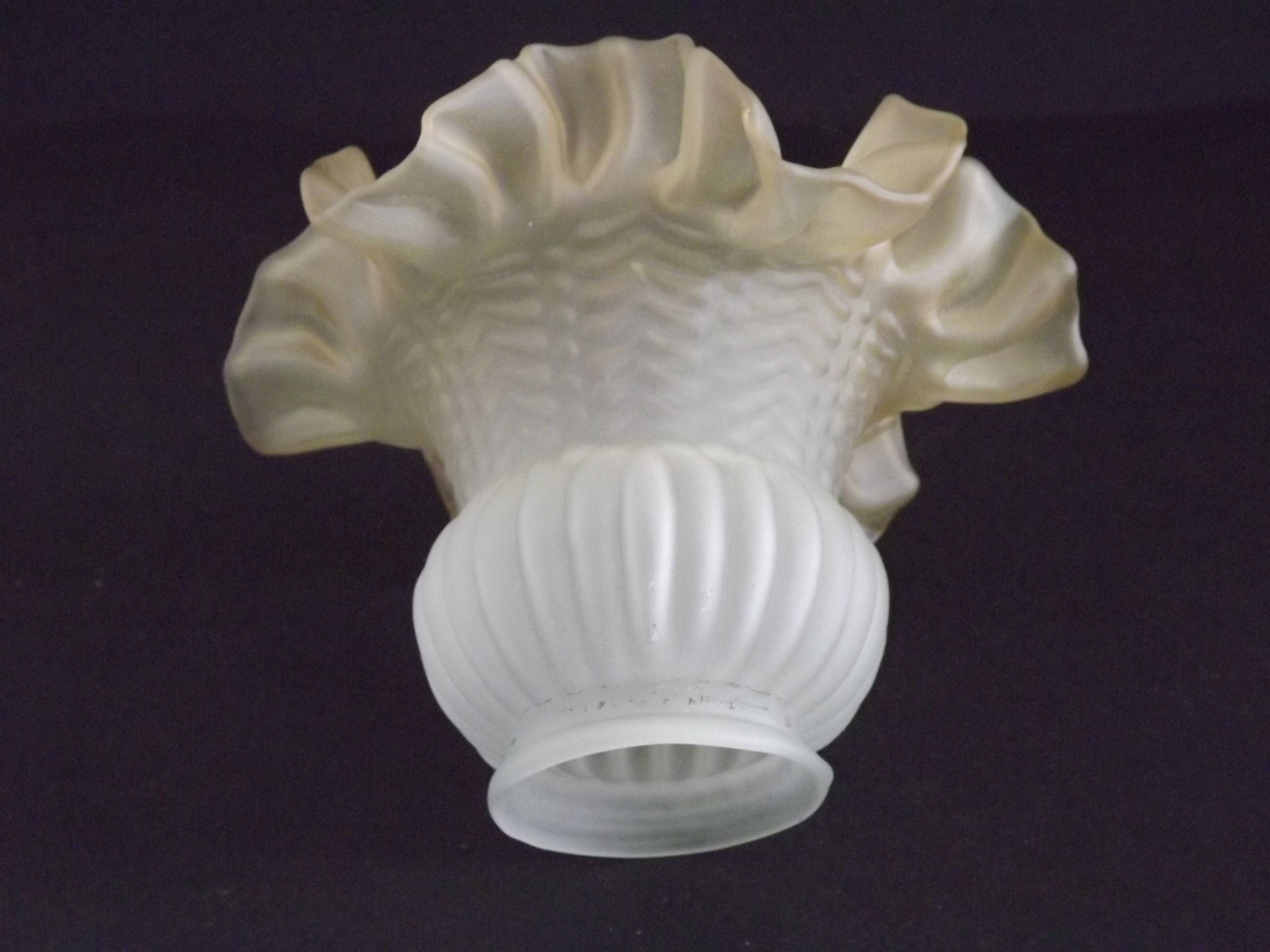 Vintage French Opaque White Glass Replacement Shade with Frilled Amber Edge