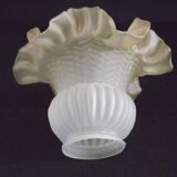 Vintage French Opaque White Glass Replacement Shade with Frilled Amber Edge