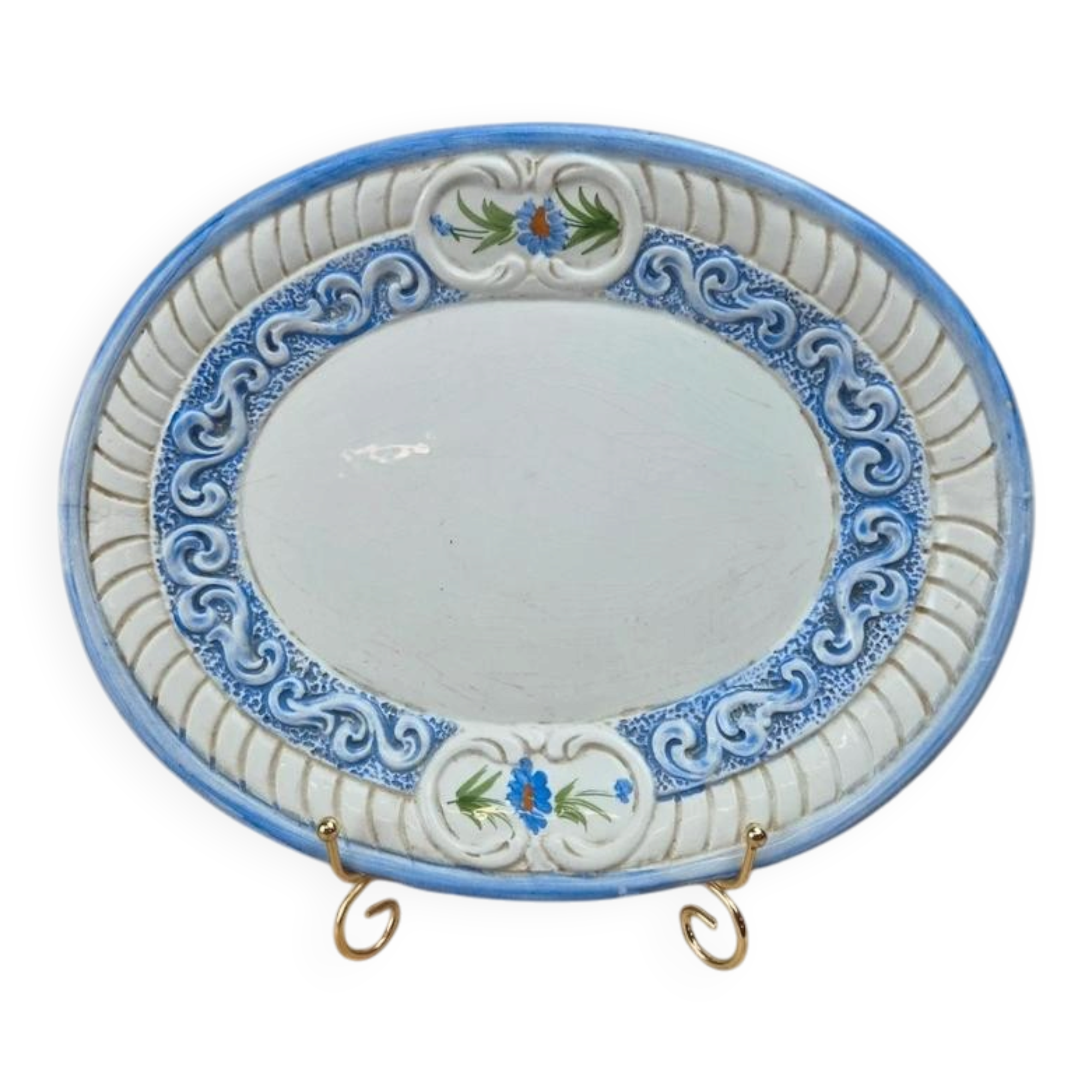 Plat ovale vintage Bassano décor bleu fleuri relief