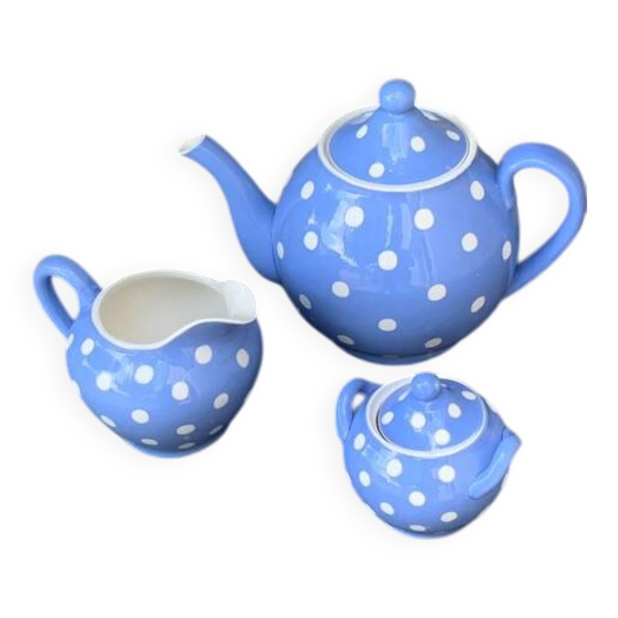 Lavender blue earthenware tea service with white polka dots from Digoin Sarreguemines.