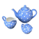 Lavender blue earthenware tea service with white polka dots from Digoin Sarreguemines.