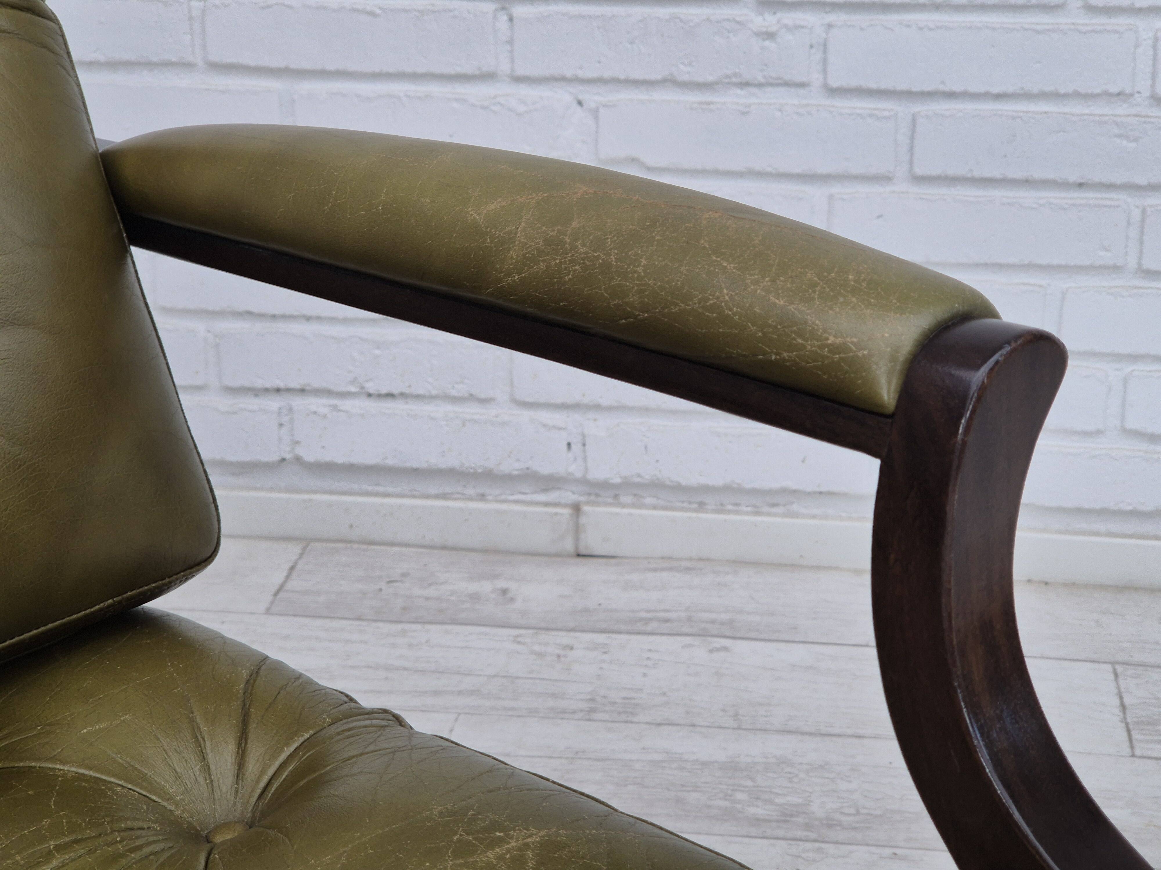 1970s, Scandinavian 2 seater sofa in original condition, green furniture leather, solid teak wood.