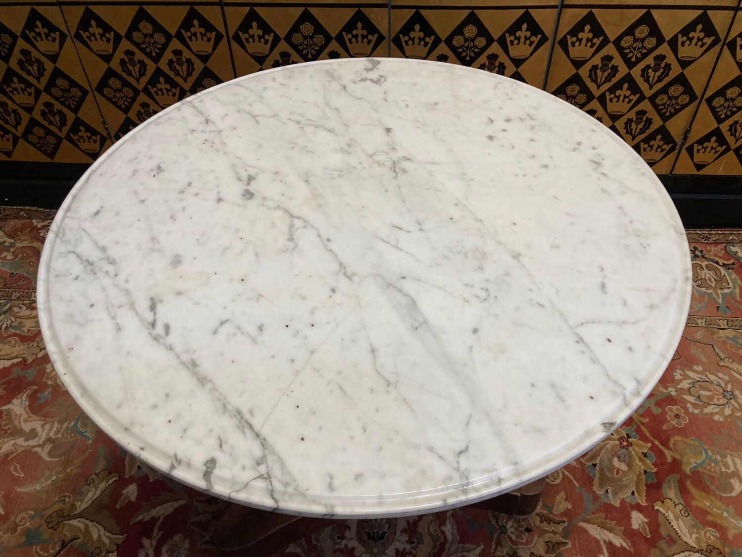 Mahogany pedestal table with marble top veneer