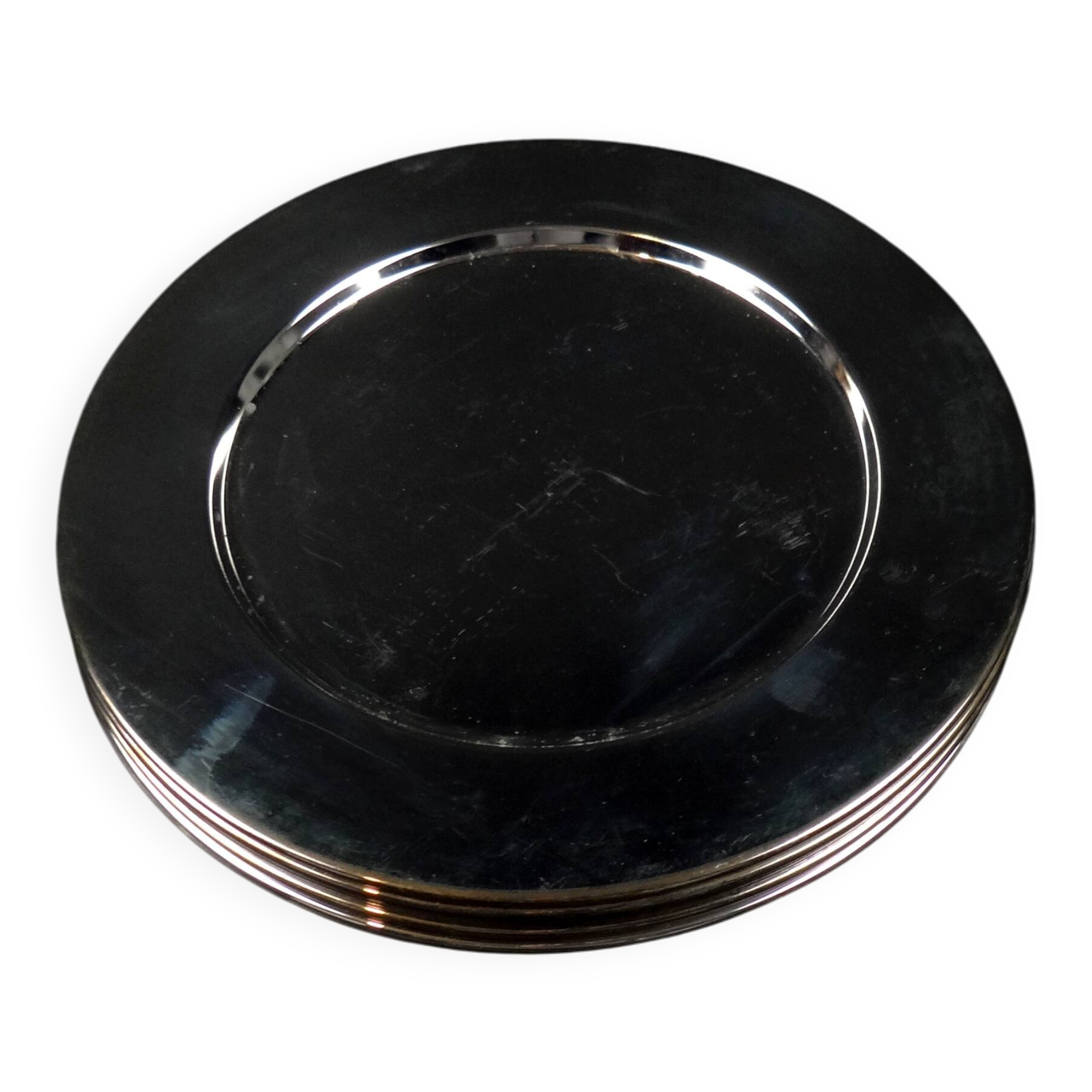 Set of 8 round serving platters or saucers in vintage stainless steel