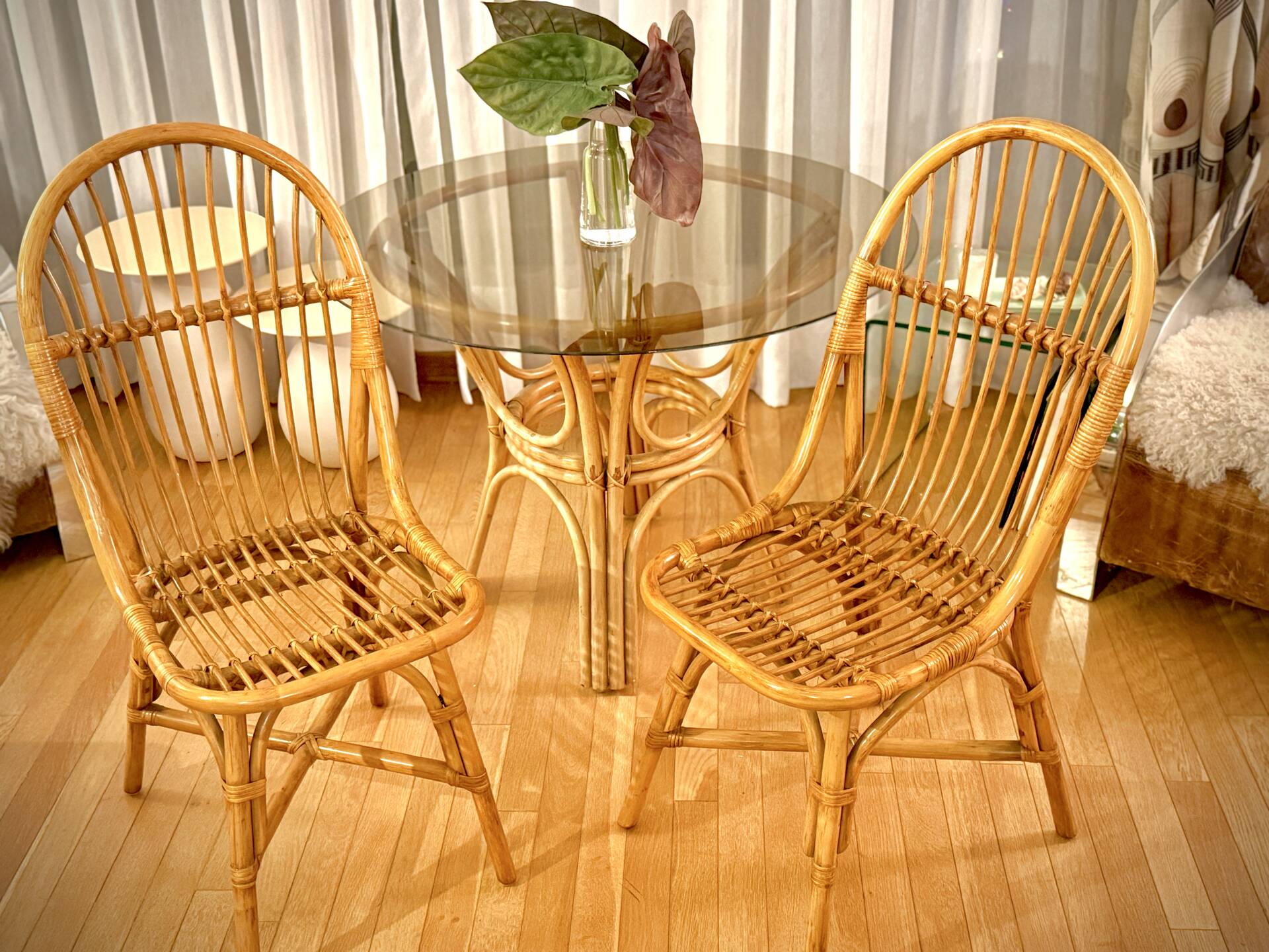 Smoked glass rattan table + chairs