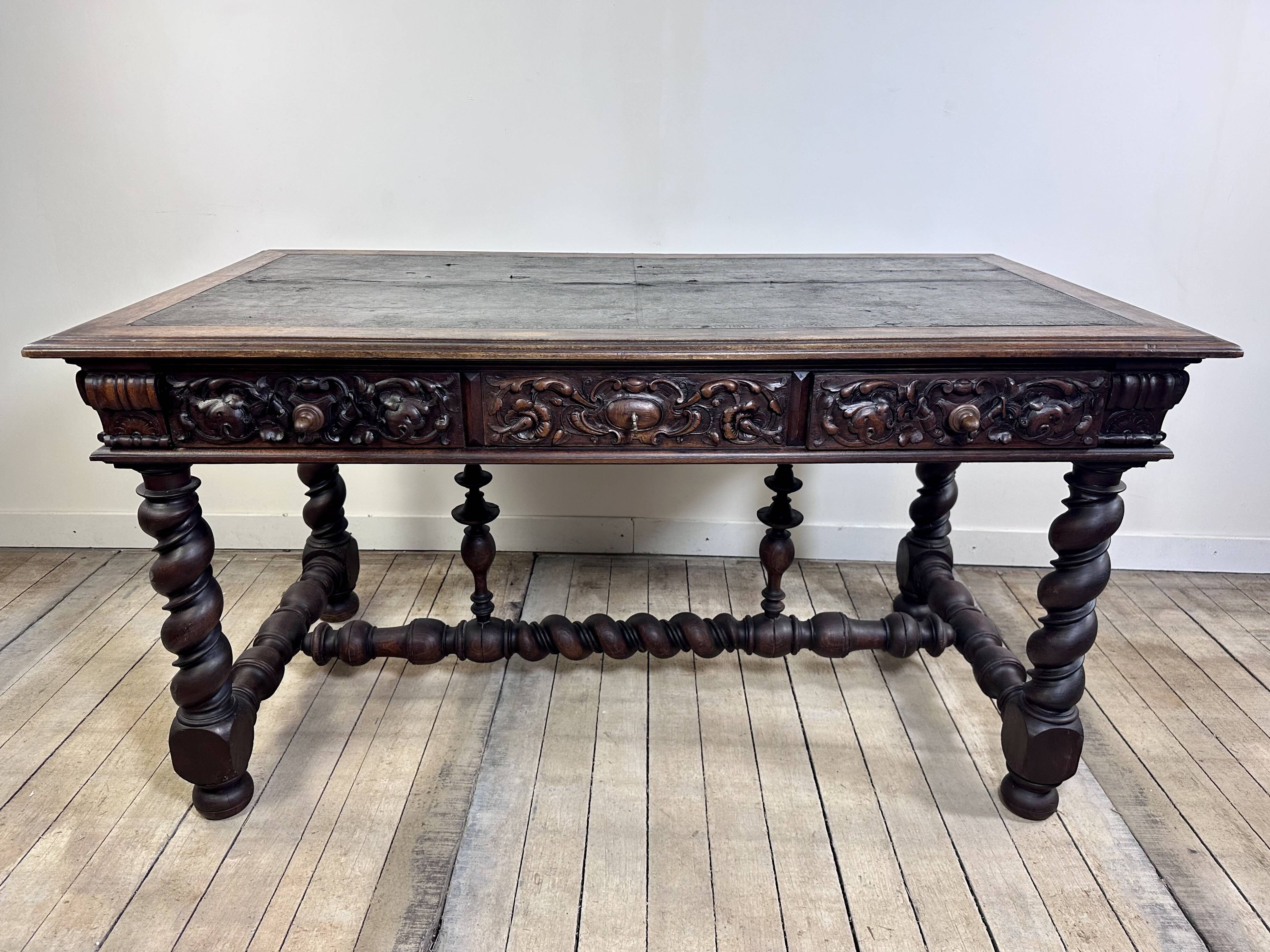 Louis XIII style oak desk stamped Mombro Ainé 19th century