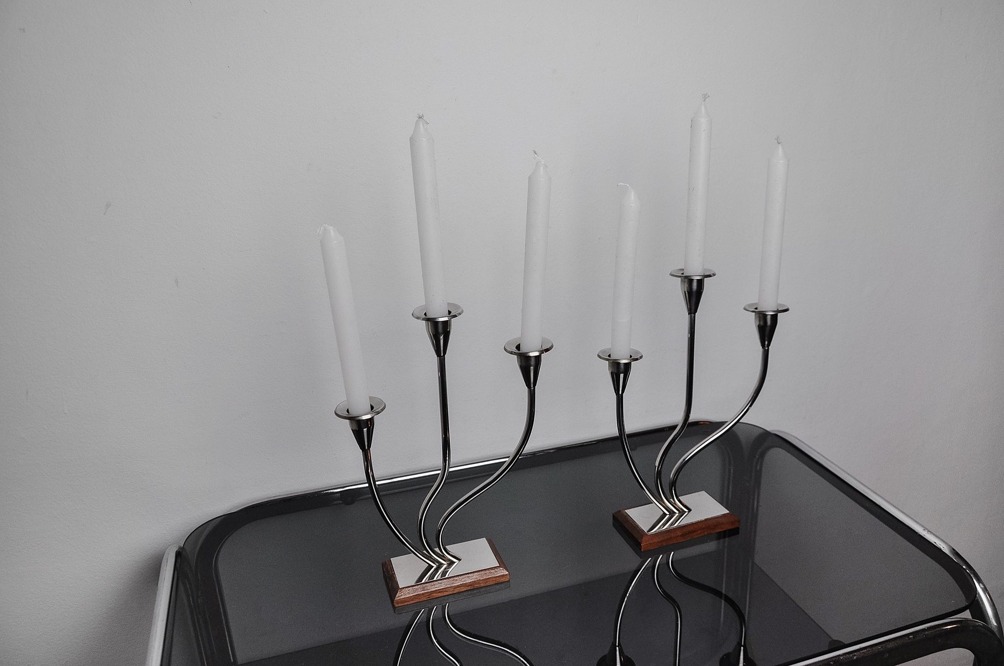 Pair of art deco candle holder in stainless steel 3 flames, Spain, 1970