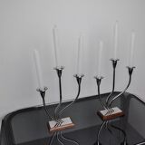 Pair of art deco candle holder in stainless steel 3 flames, Spain, 1970