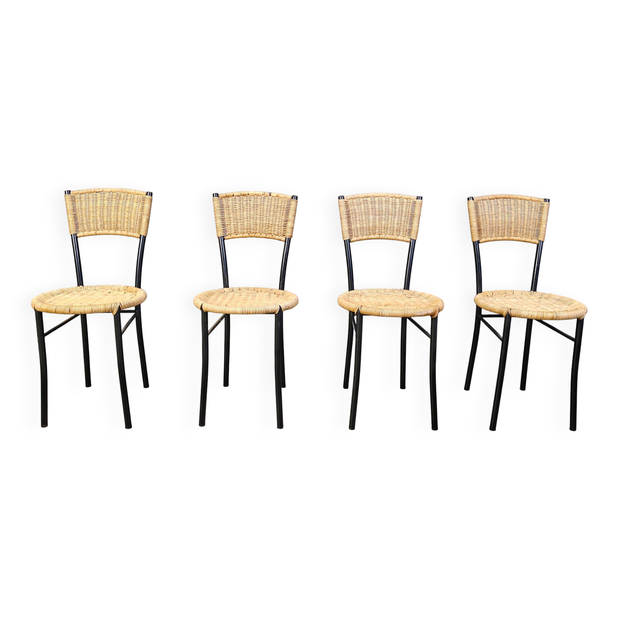 Wicker and metal dining chairs, 1980s - set of 4