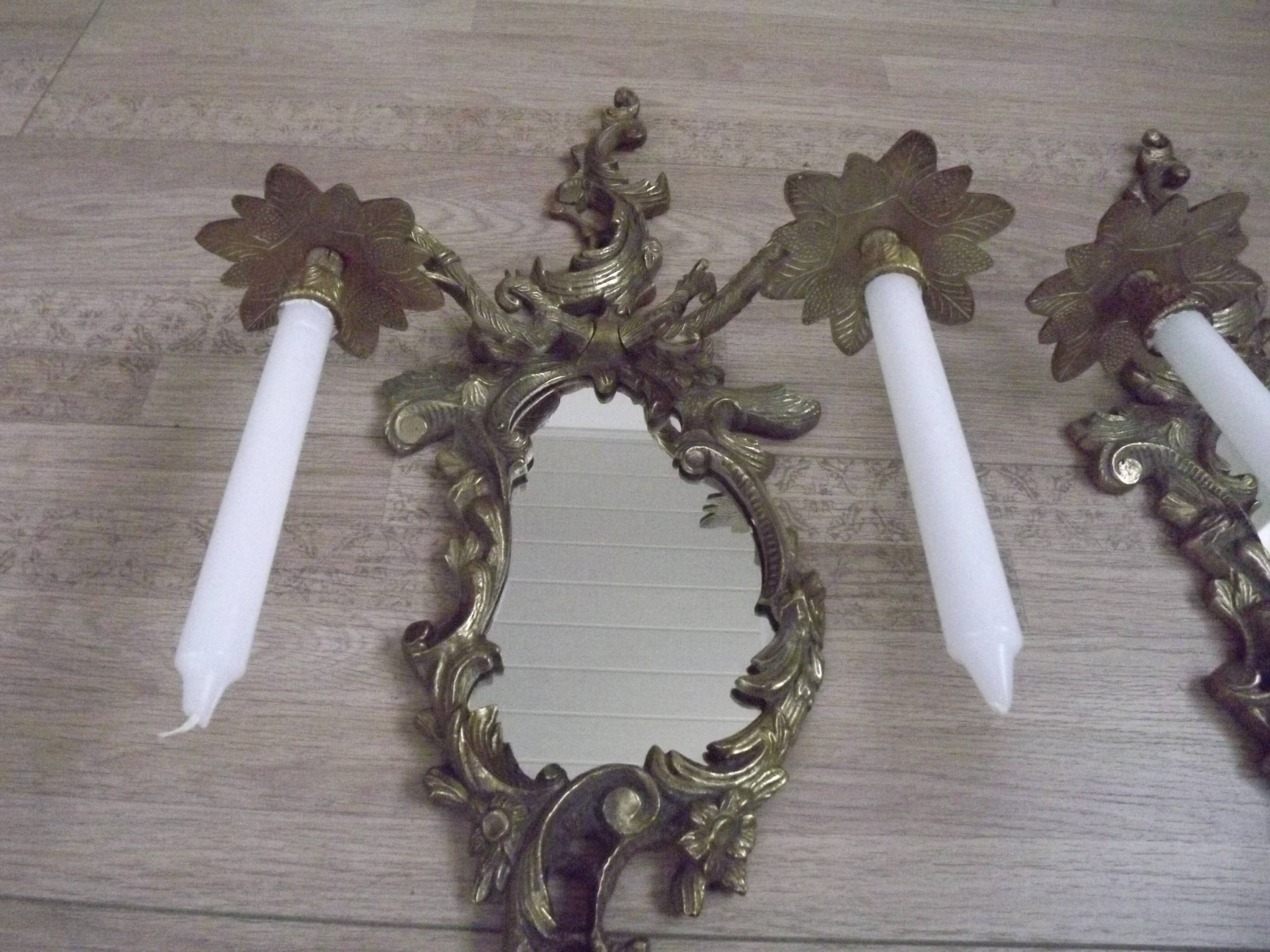 Large Pair of French Antique Bronze Mirror Double Candle Wall Sconces 5127