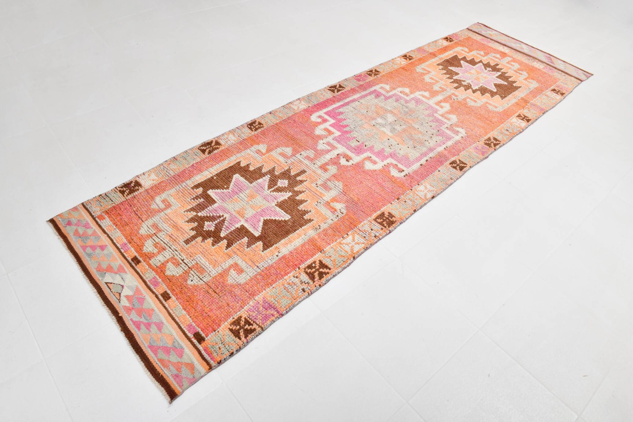 Soft Orange & Pink Star Pattern Handmade Wool Runner Rug, 99x338 Cm