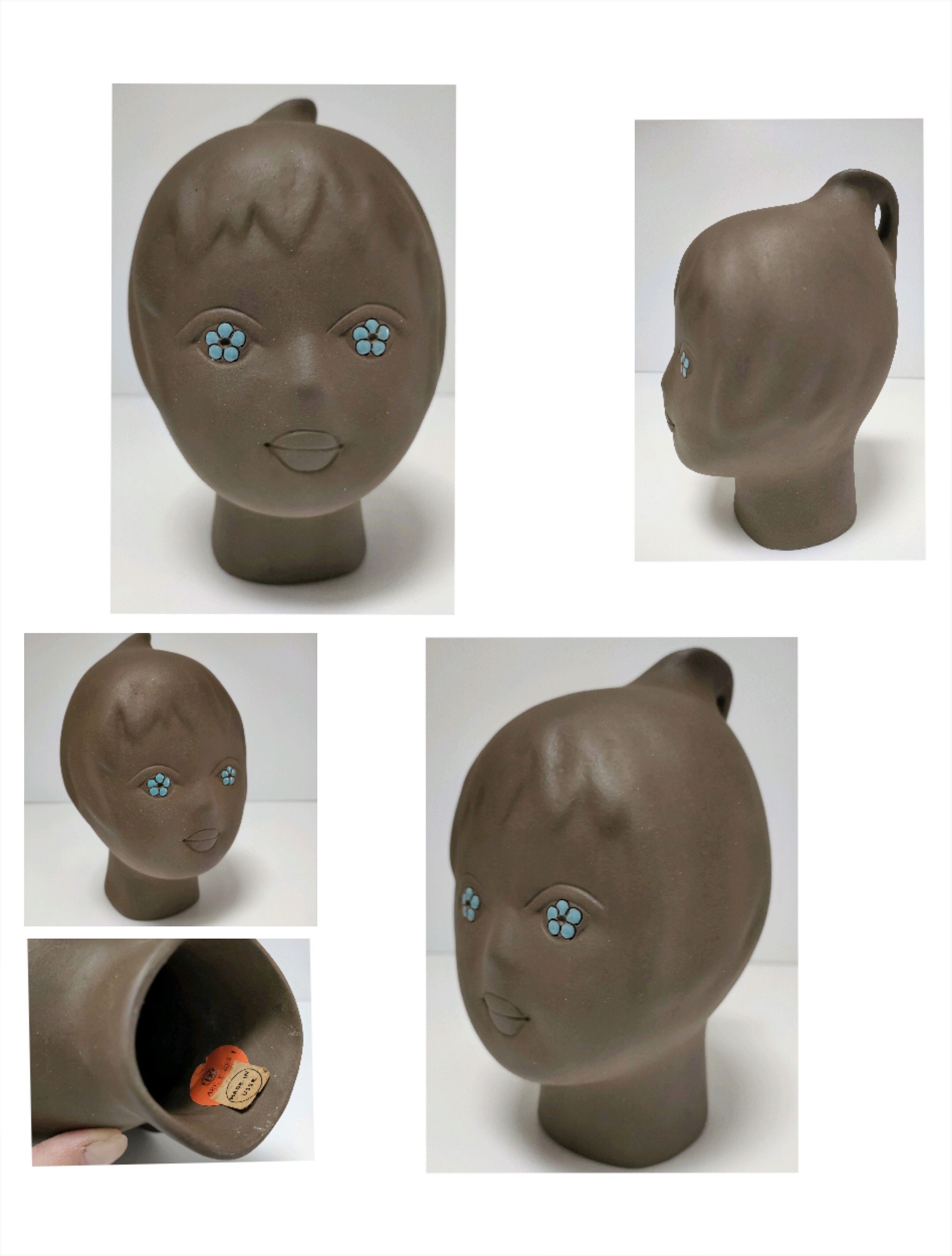 Sculptural ceramic head with blue enamelling Tekt design 60s