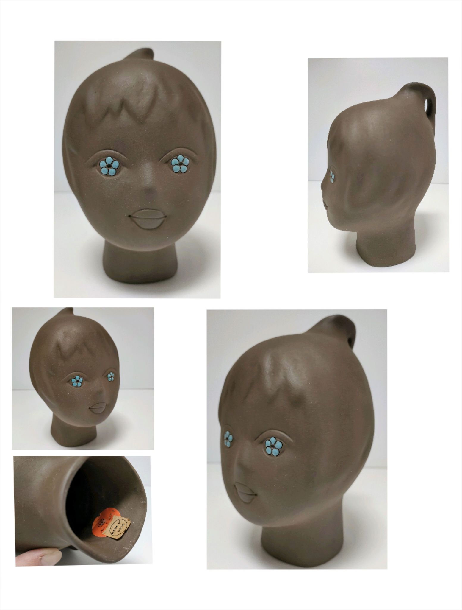Tête céramique sculpturale à émaillage bleu Tekt design années 60
