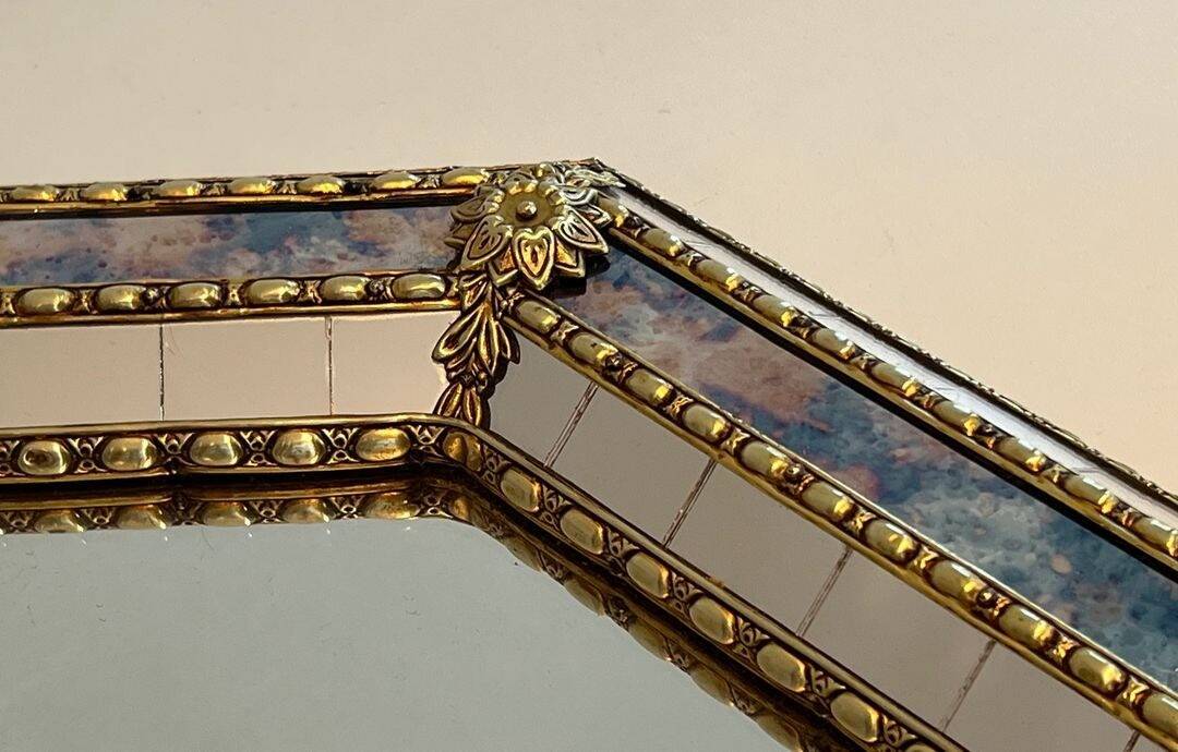 Octagonal Faceted Mirror with Brass Garlands — French Work, Glass