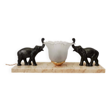 Veilleuse art déco éléphants bronze et marbre