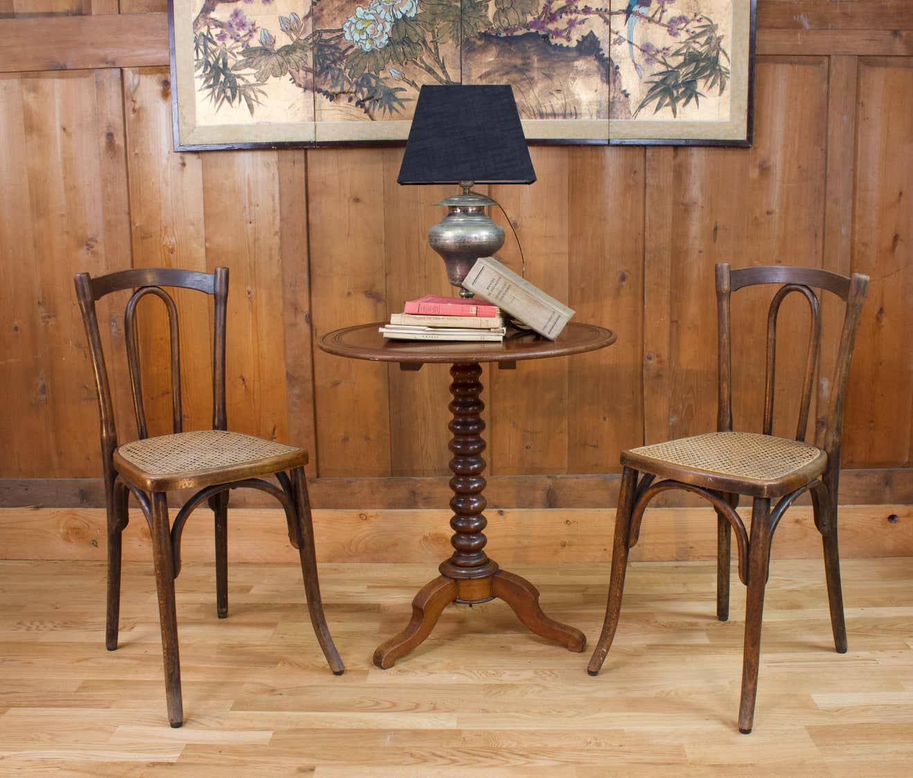 Pair of wooden bistro chairs, 20th century, France