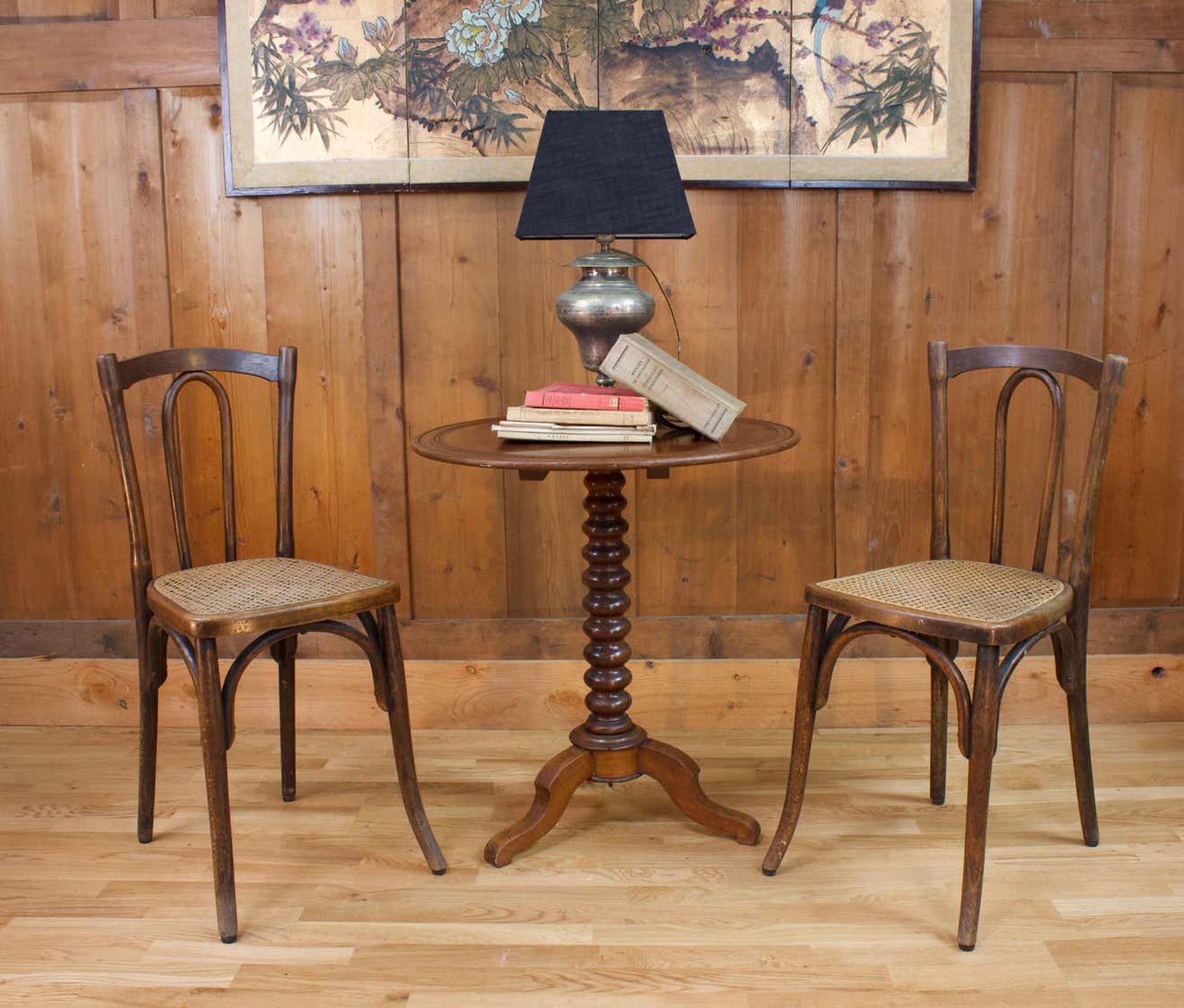 Pair of wooden bistro chairs, 20th century, France