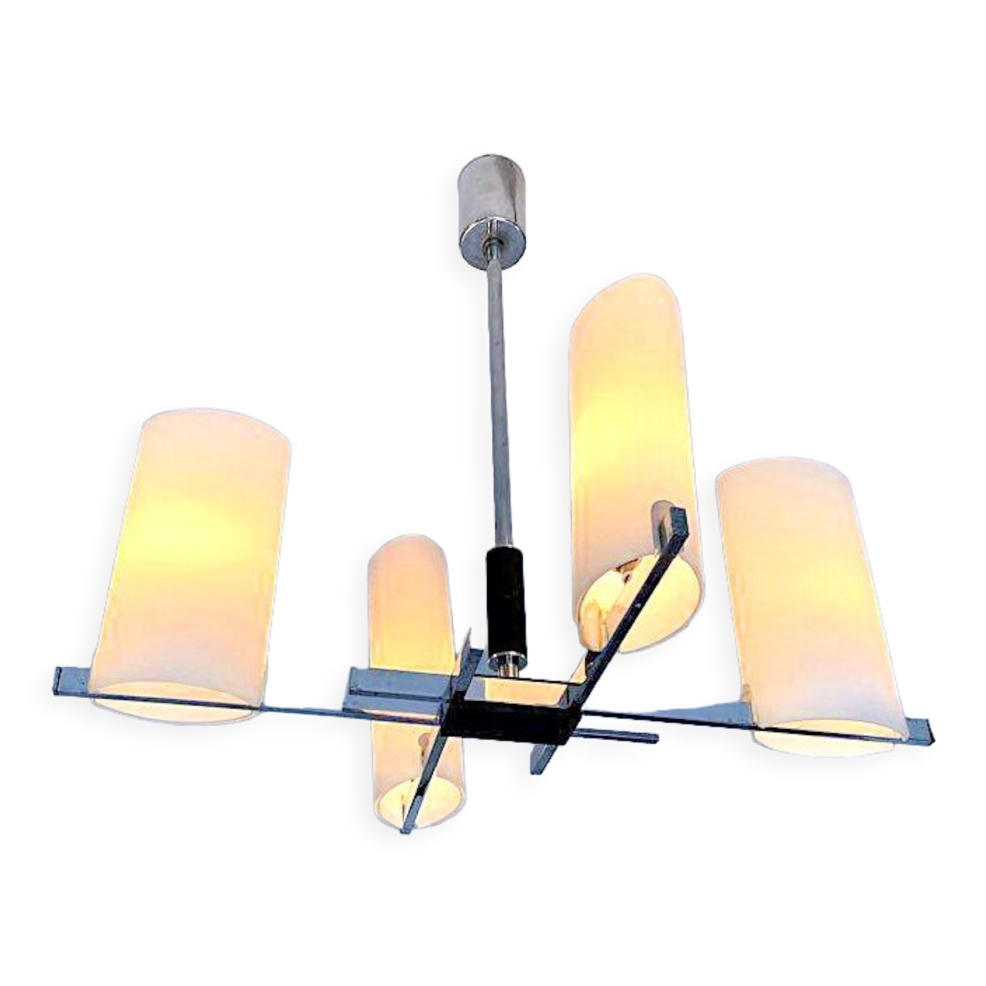 Arlus chandelier chrome, four opaline lights, mid-century France