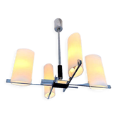 Lustre Arlus chrome, quatre feux opaline, France mid-century