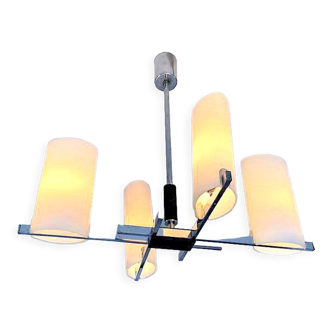 Arlus chandelier chrome, four opaline lights, mid-century France