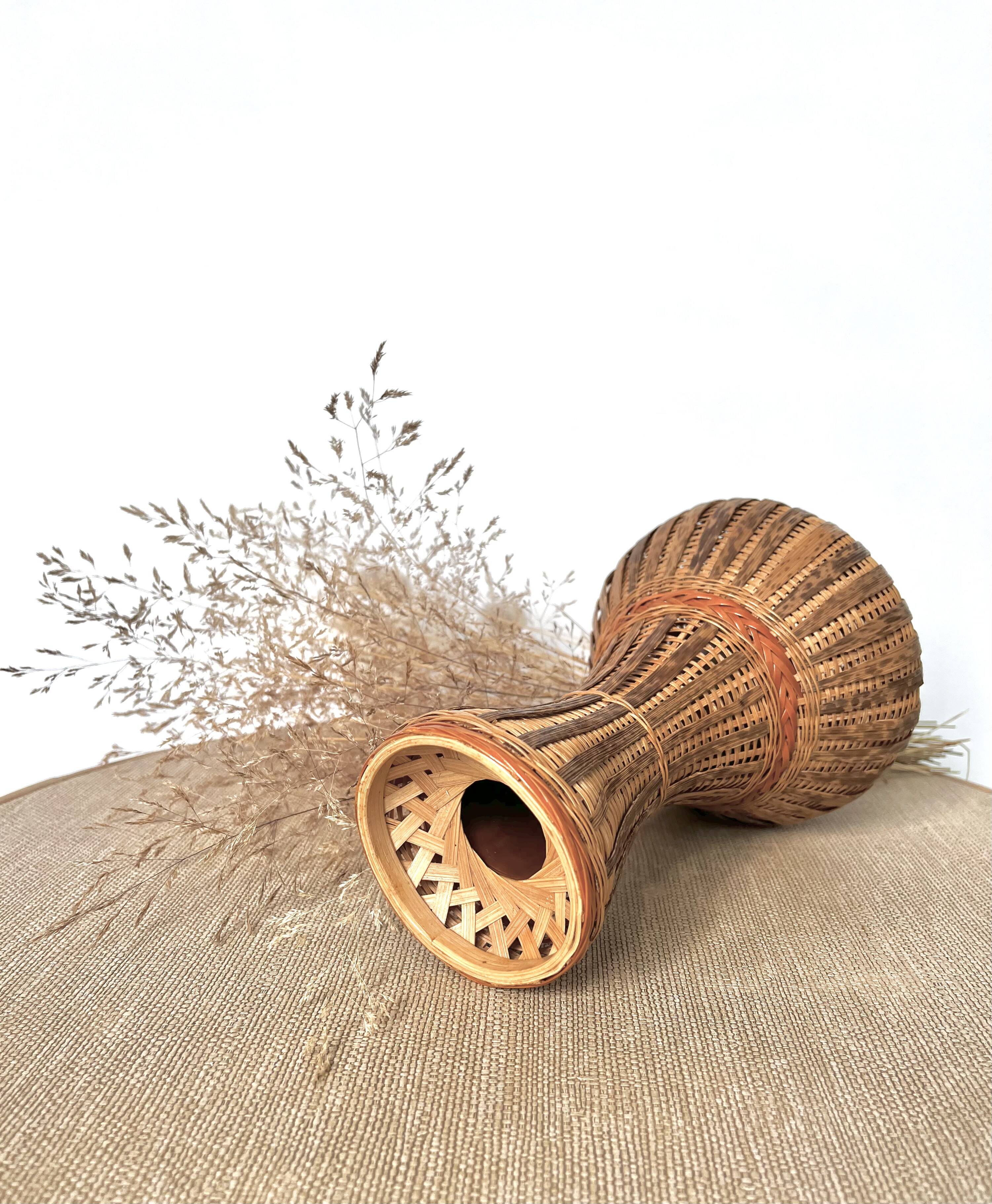 Wicker and woven bamboo vase