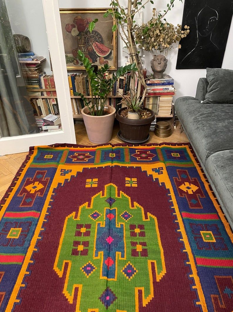 Handwoven vintage accent geometrical rug, colorful wool, Romanian carpet 230x160cm