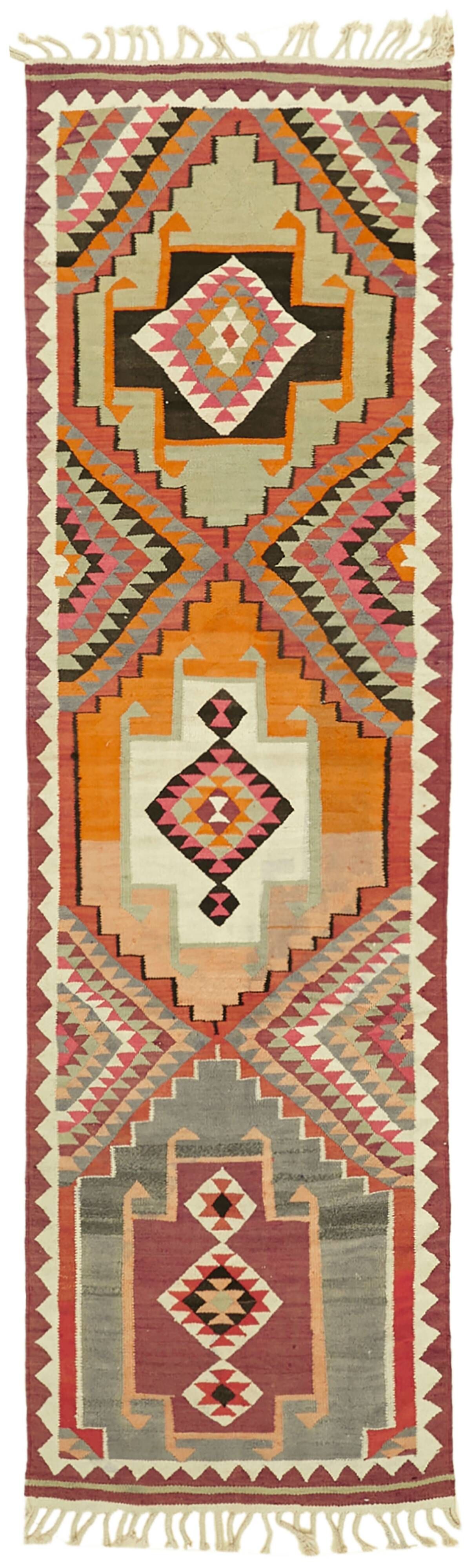 Turkish Handwoven Vintage Herki Kilim 107 cm x 363 cm