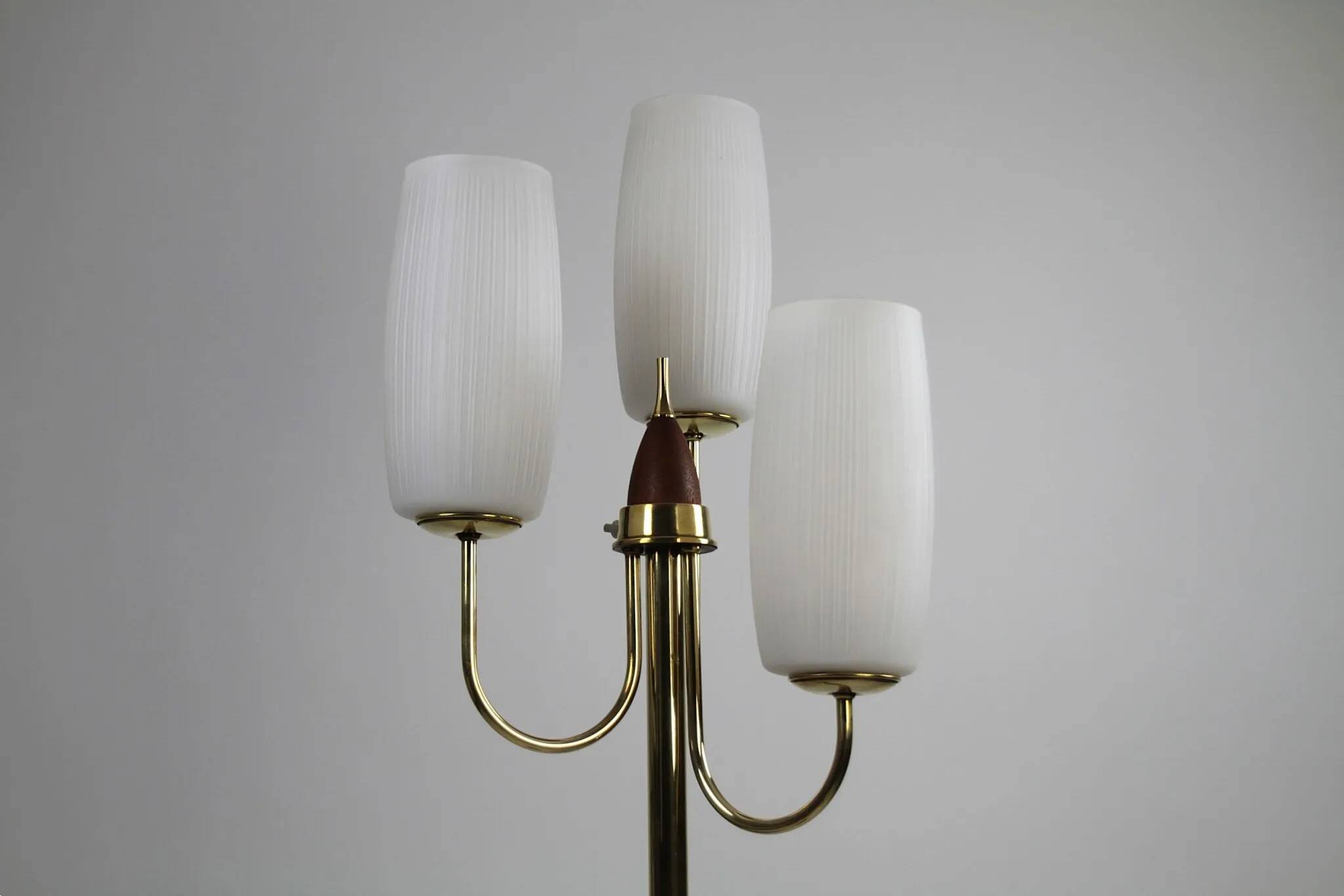 Brass & Teak Three-Light Candelabra Floor Lamp — Scandinavia, 1940s/1950s