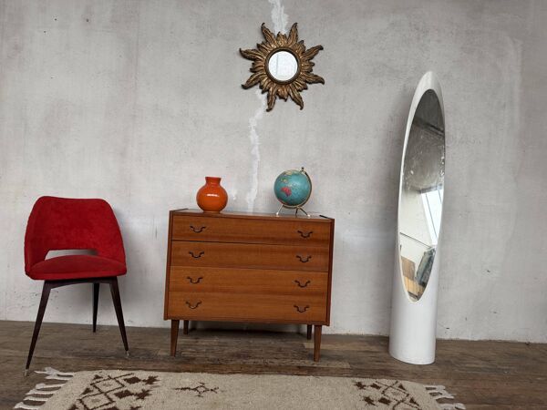 Superbe commode vintage en teck – Design élégant & poignées métal noir