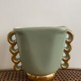 Two green and gold vases with handles