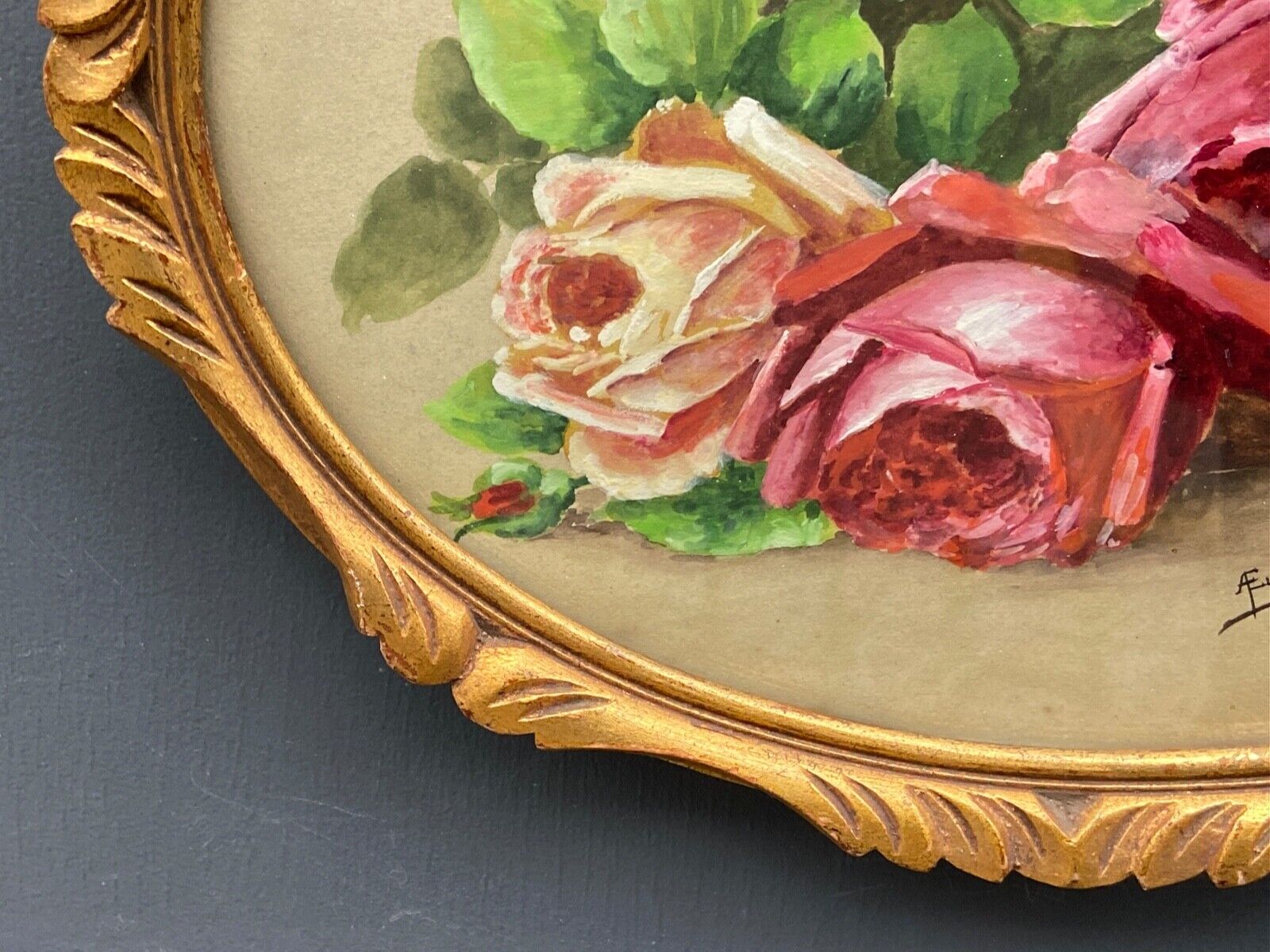Aquarelle sur papier par A.Euget Barry bouquet de fleurs cadre dore
