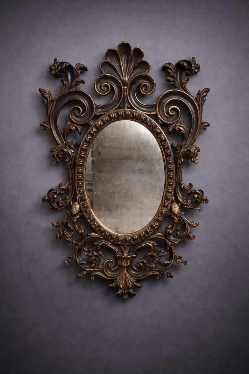 Antique Louis XV style mirror, richly carved with decorations of scrolls, shells, and foliage.
