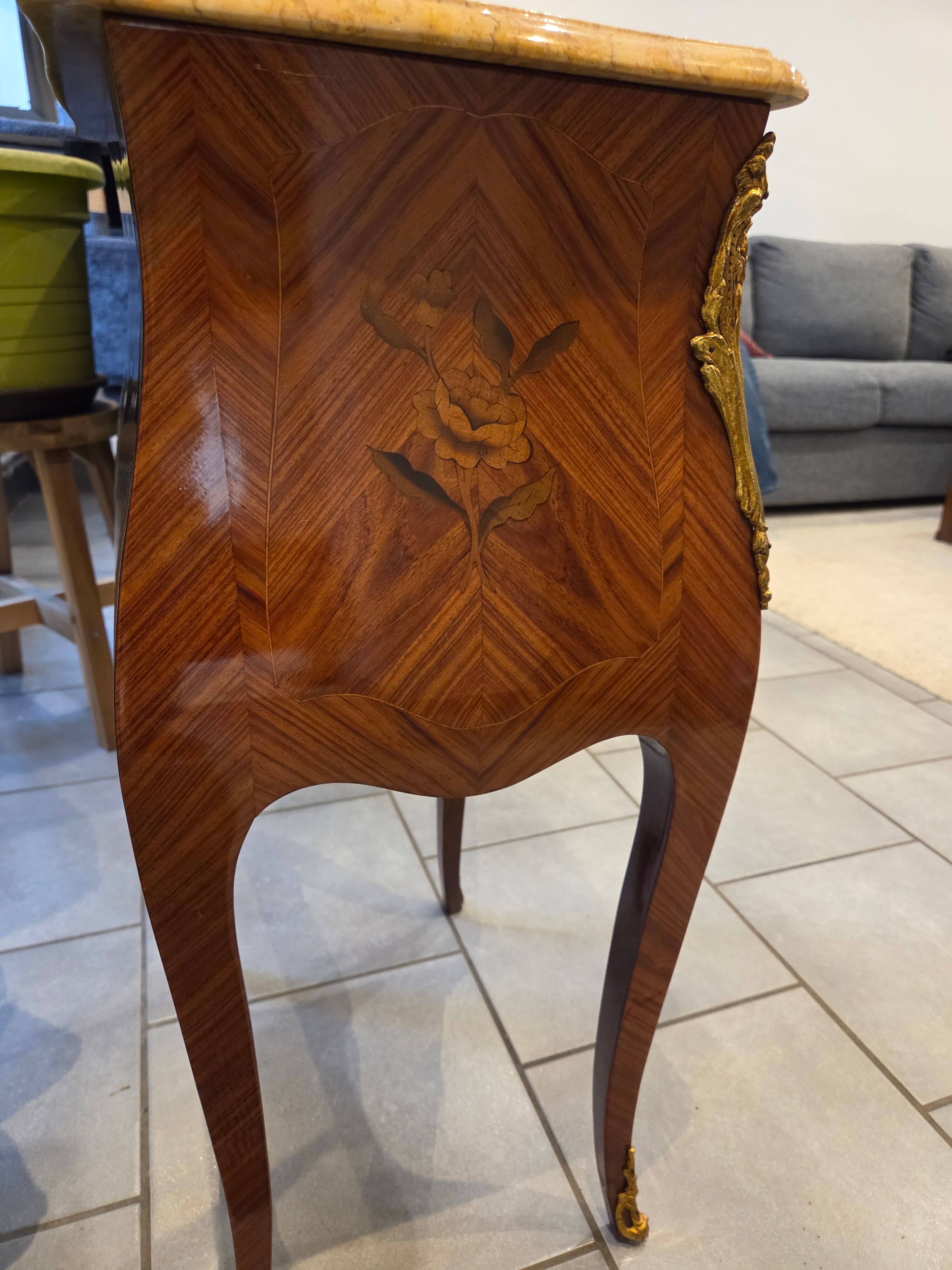 Pair of bedside tables in Louis XV style with marquetry - marble