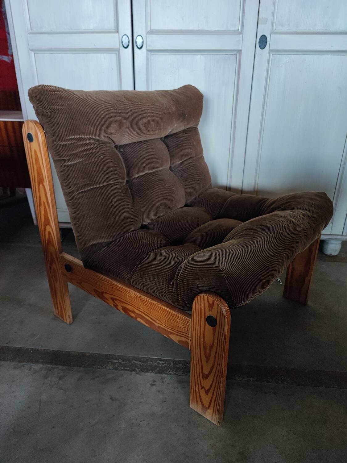 Small Scandinavian pine and velvet armchair